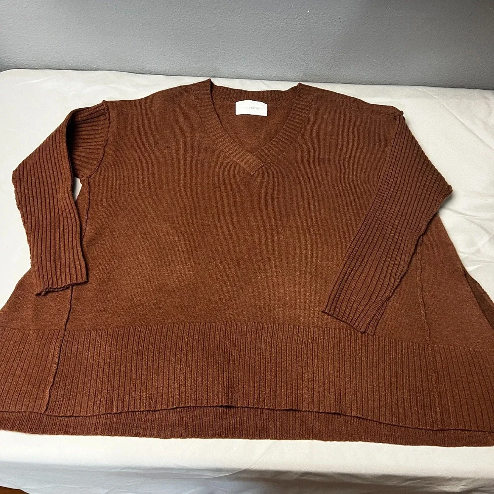 SIX/FIFTY Kenzie V-Neck Pullover Sweater Ribbed Detail Brown Tunic‎ Oversized Sm